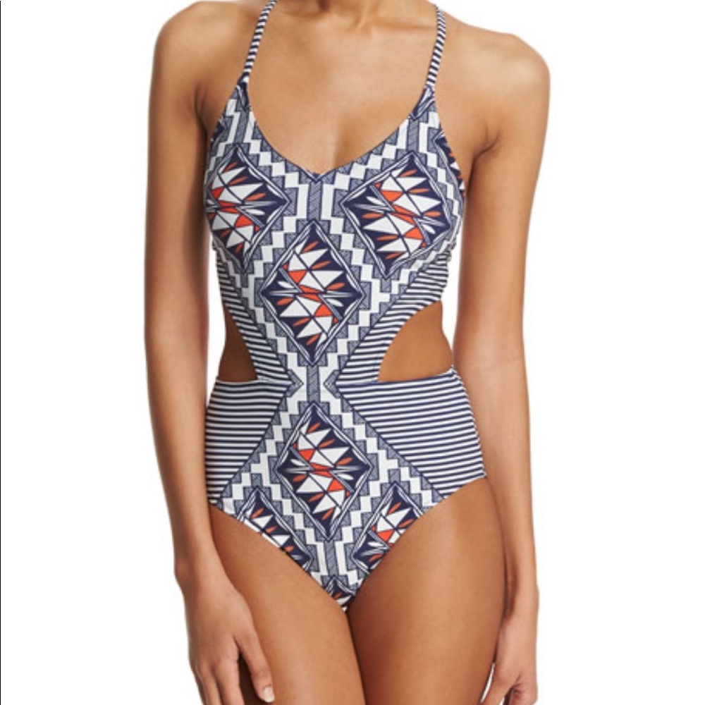 Tory Burch Acoma cutout printed one piece swimsuit